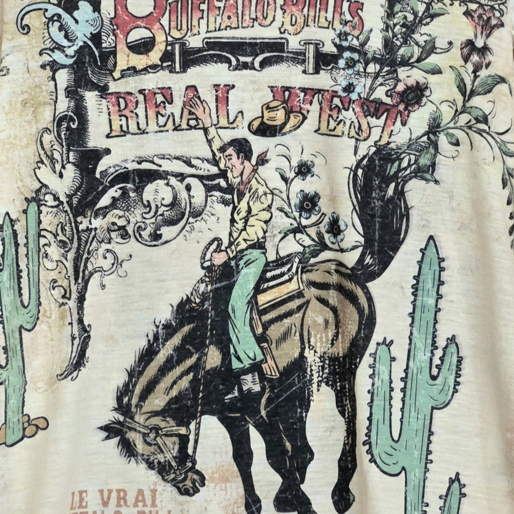 Vtg Buffalo Bill's Real West T-shirt V-neck Graphic Western Print Horse Sz S/USA - Picture 3 of 7